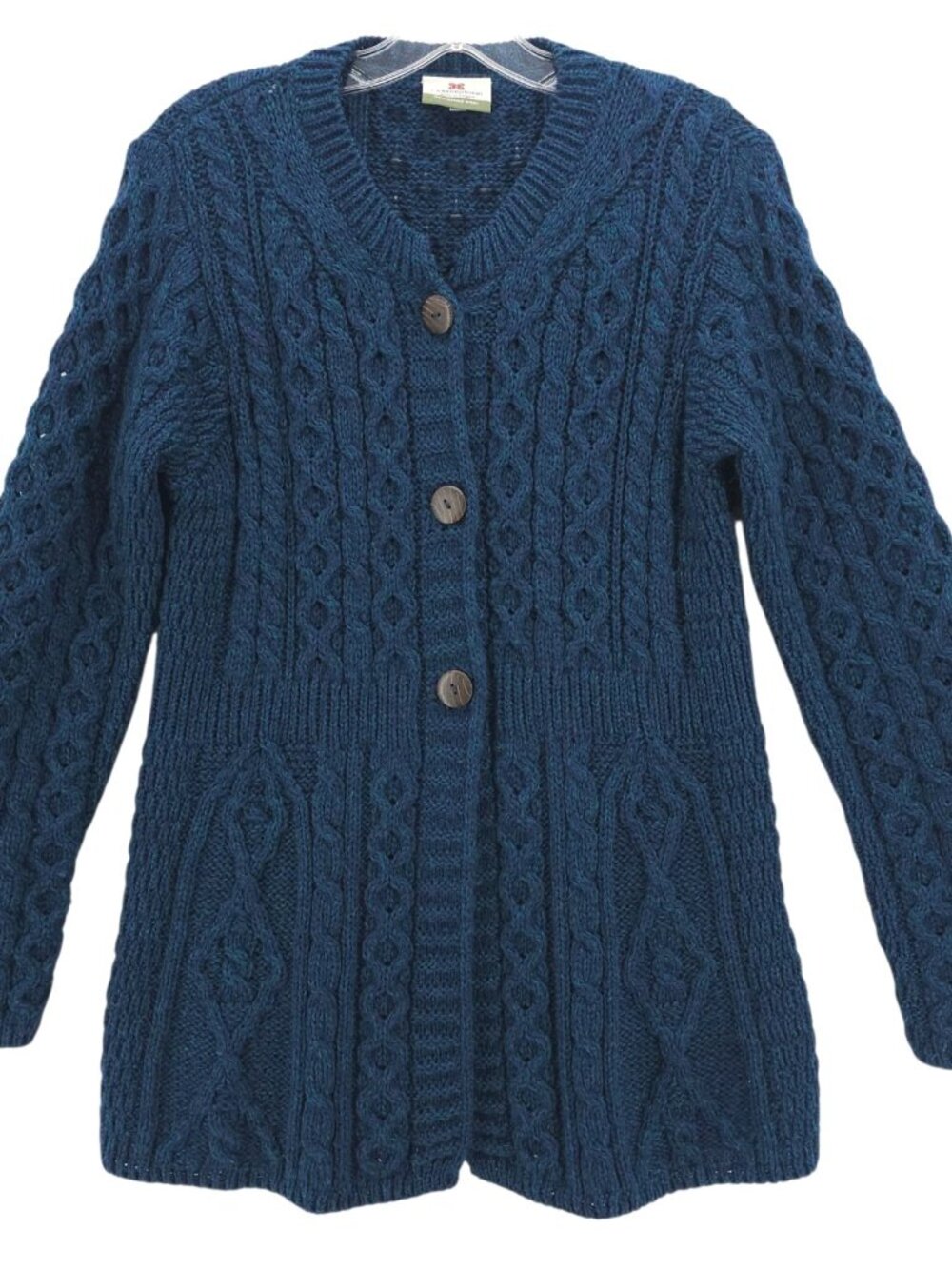 CARRAIG DONN Blue 100% Merino Wool Cardigan Fisherman Cable Knit Marled SMALL